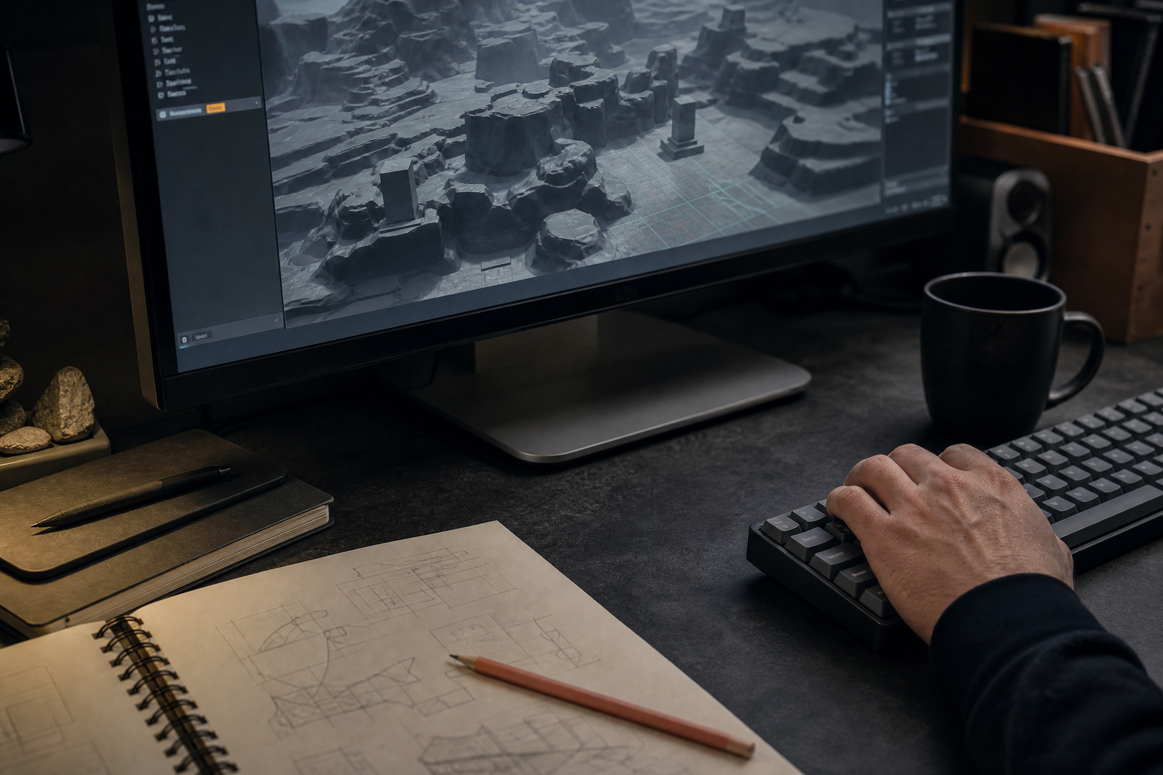 Game development desk with abstract terrain screen