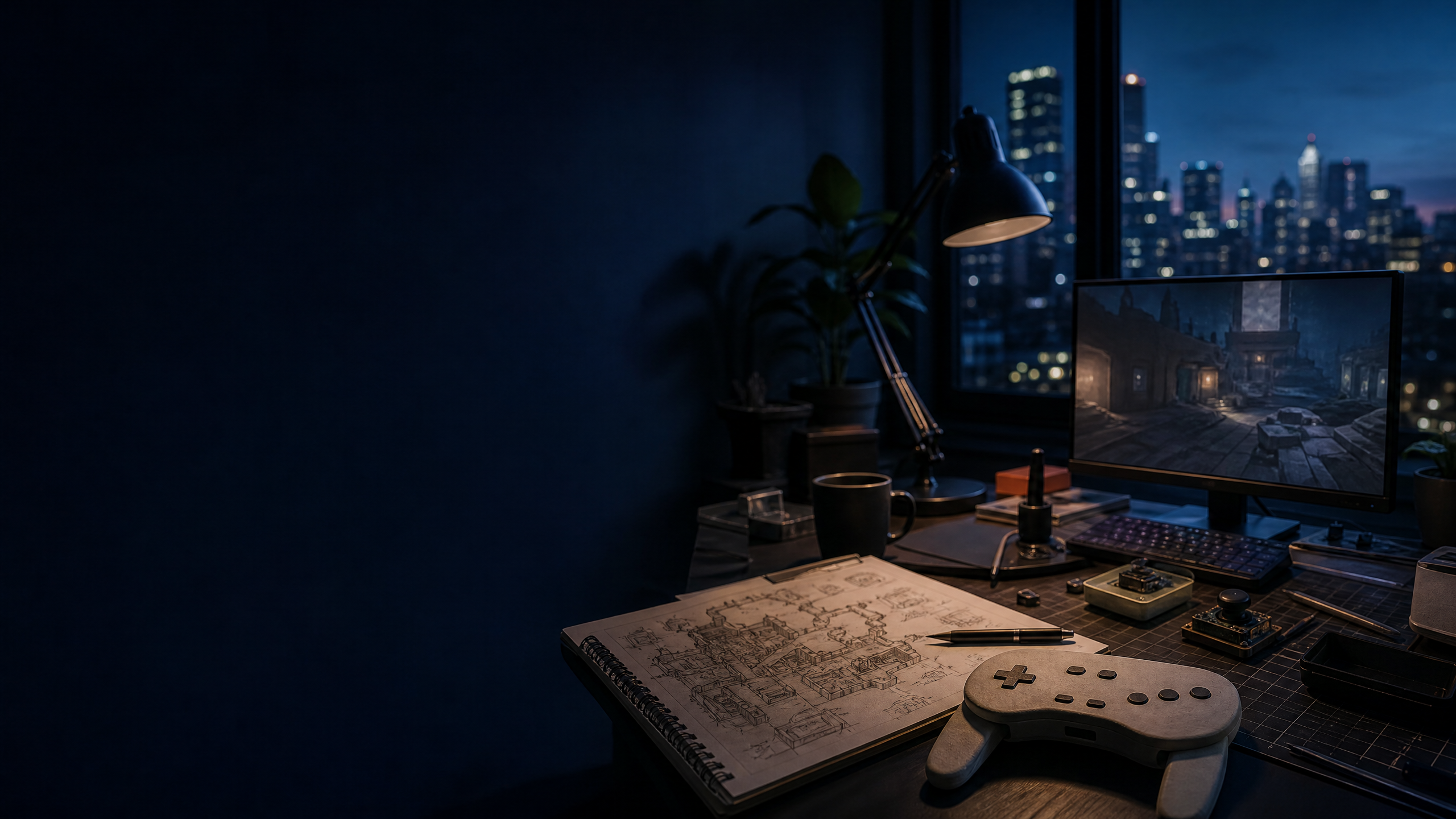 Independent game studio desk at blue hour