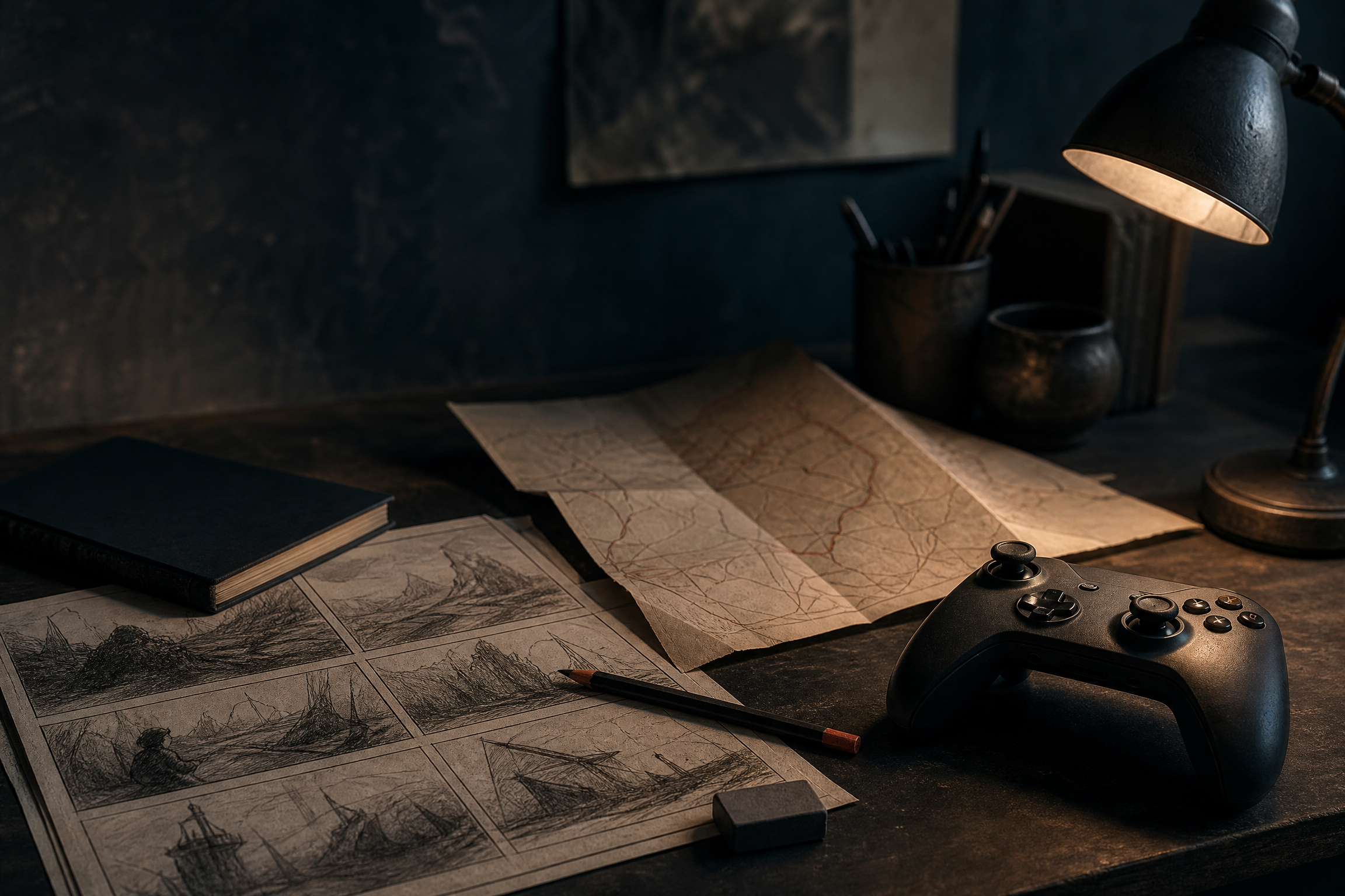 Game controller beside storyboards on a desk